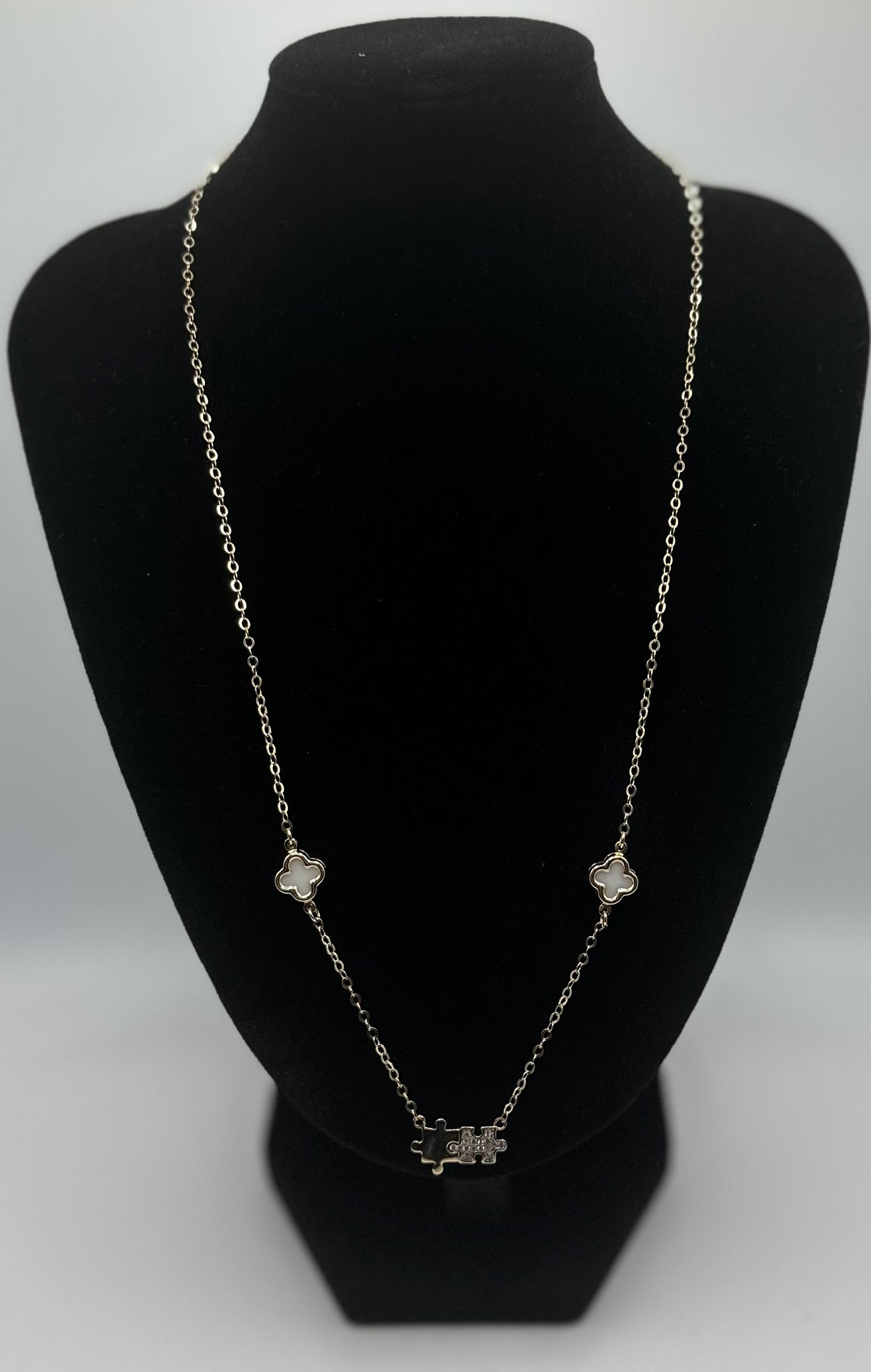 14k Gold Necklace/ White Flowers and Puzzle Piece