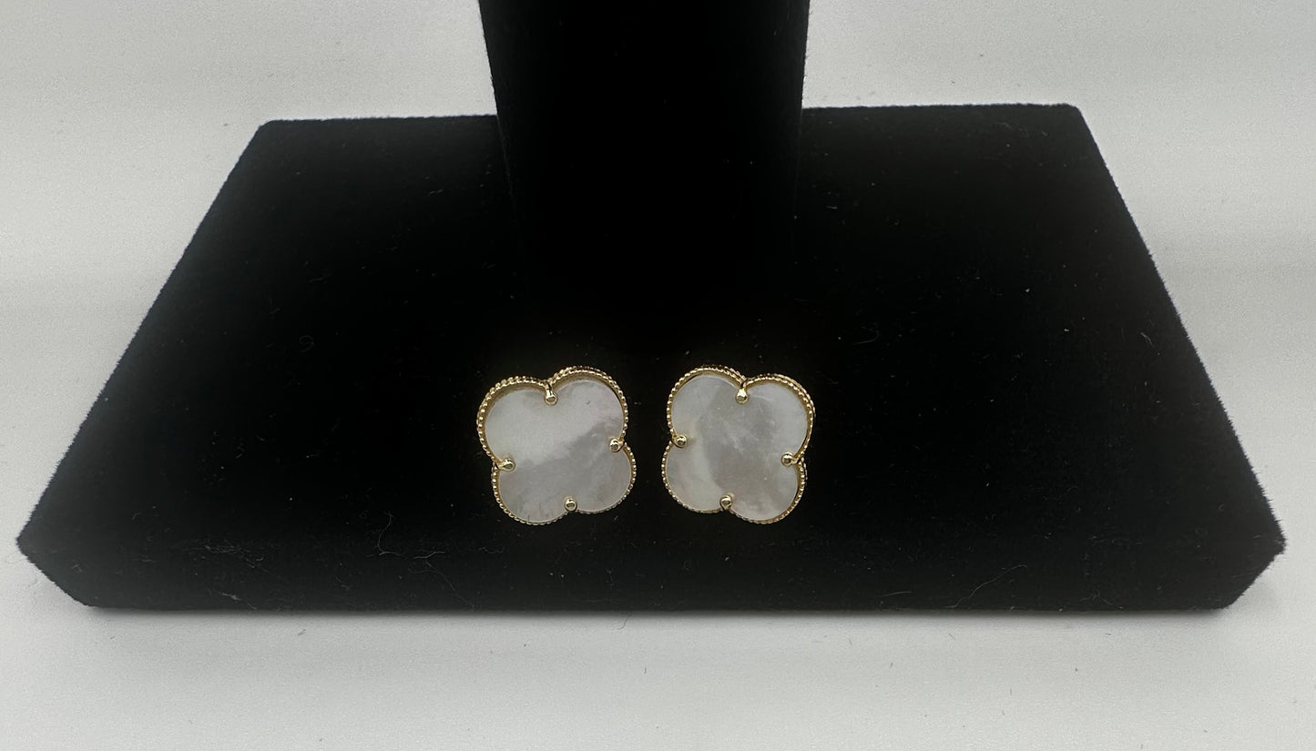 14k Gold White Clover Earrings