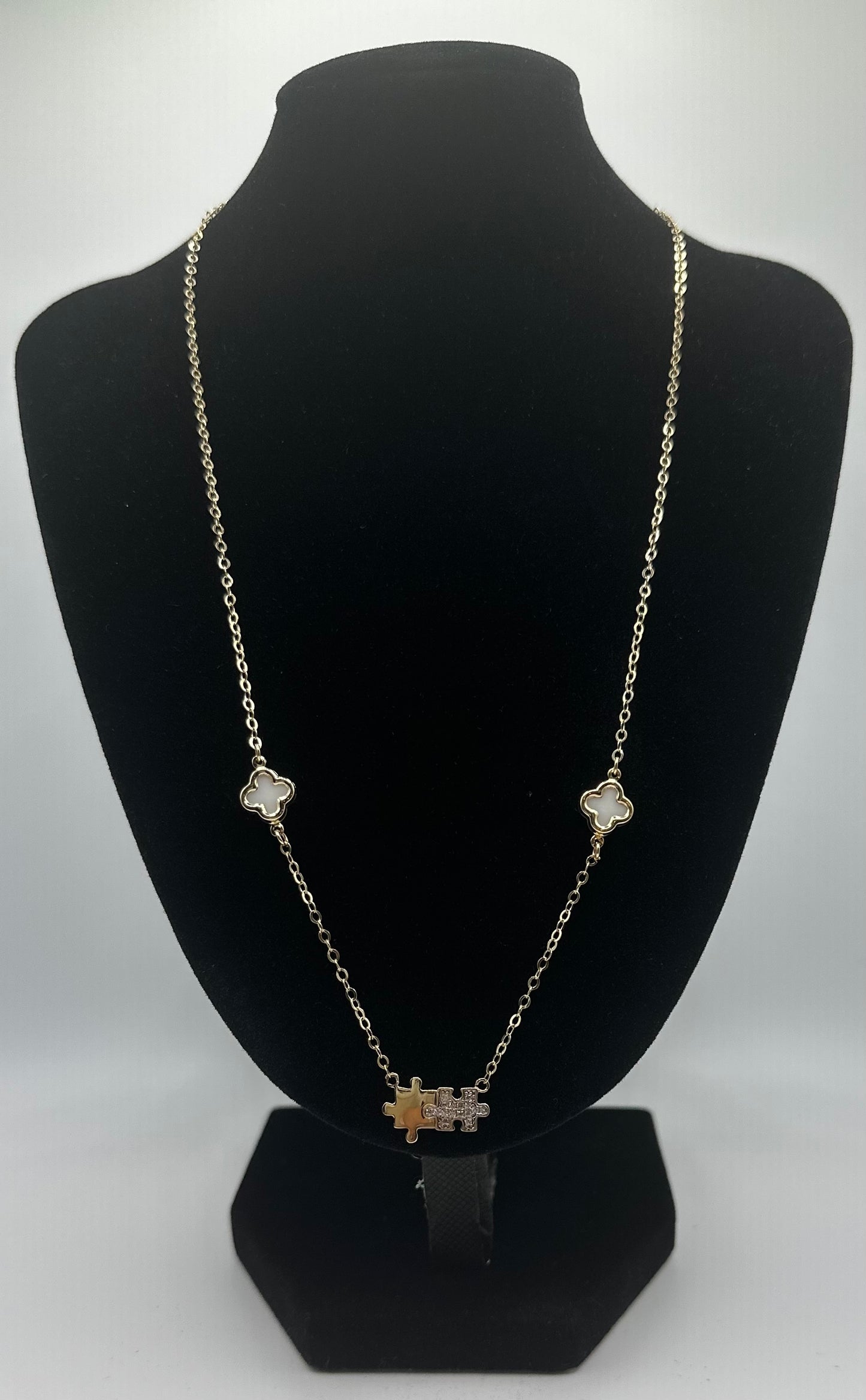14k Gold Necklace/ White Flowers and Puzzle Piece