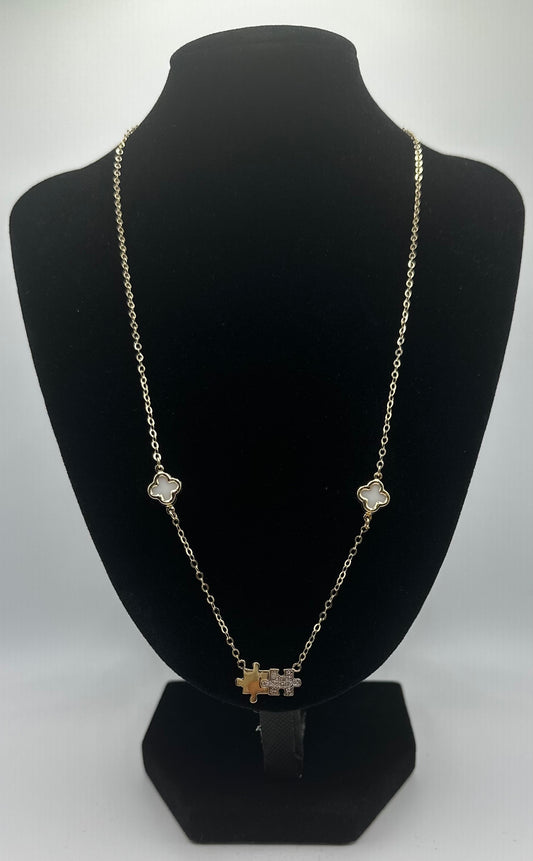 14k Gold Necklace/ White Flowers and Puzzle Piece
