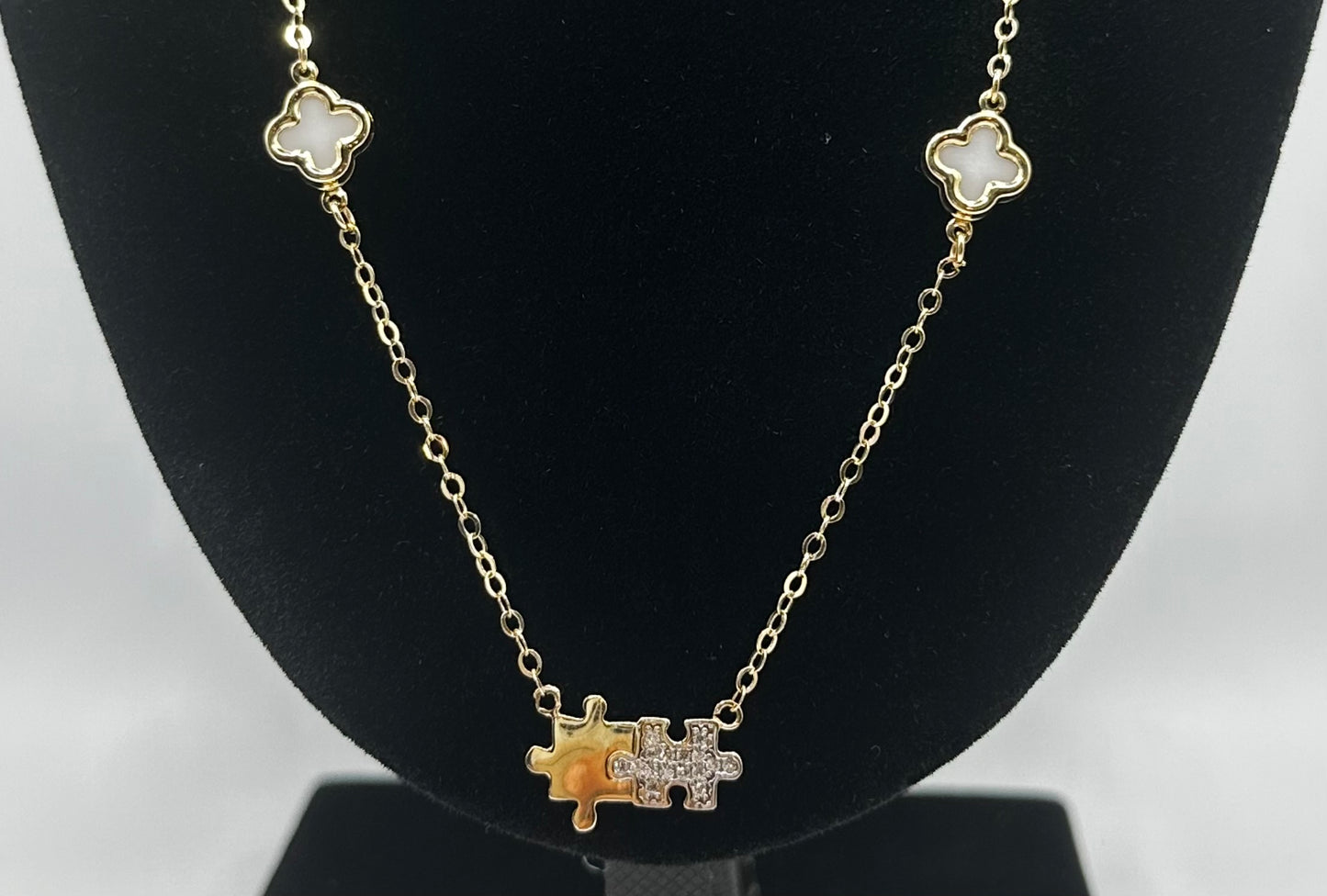 14k Gold Necklace/ White Flowers and Puzzle Piece