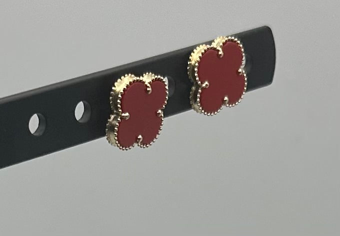 14k Gold Red Clover Earrings